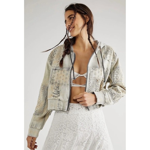 NEW Free People Mazzie Hood Denim Bomber Jacket Crop Eyelet Lace Patched Blue M